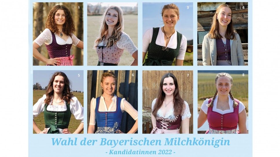 Eine Postkarte mit Profilbild aller acht Kandidatinnen im Dirndl und der Textzeile darunter: "Wahl der Bayerischen Milchkönigin - Kandidatinnen 2022"