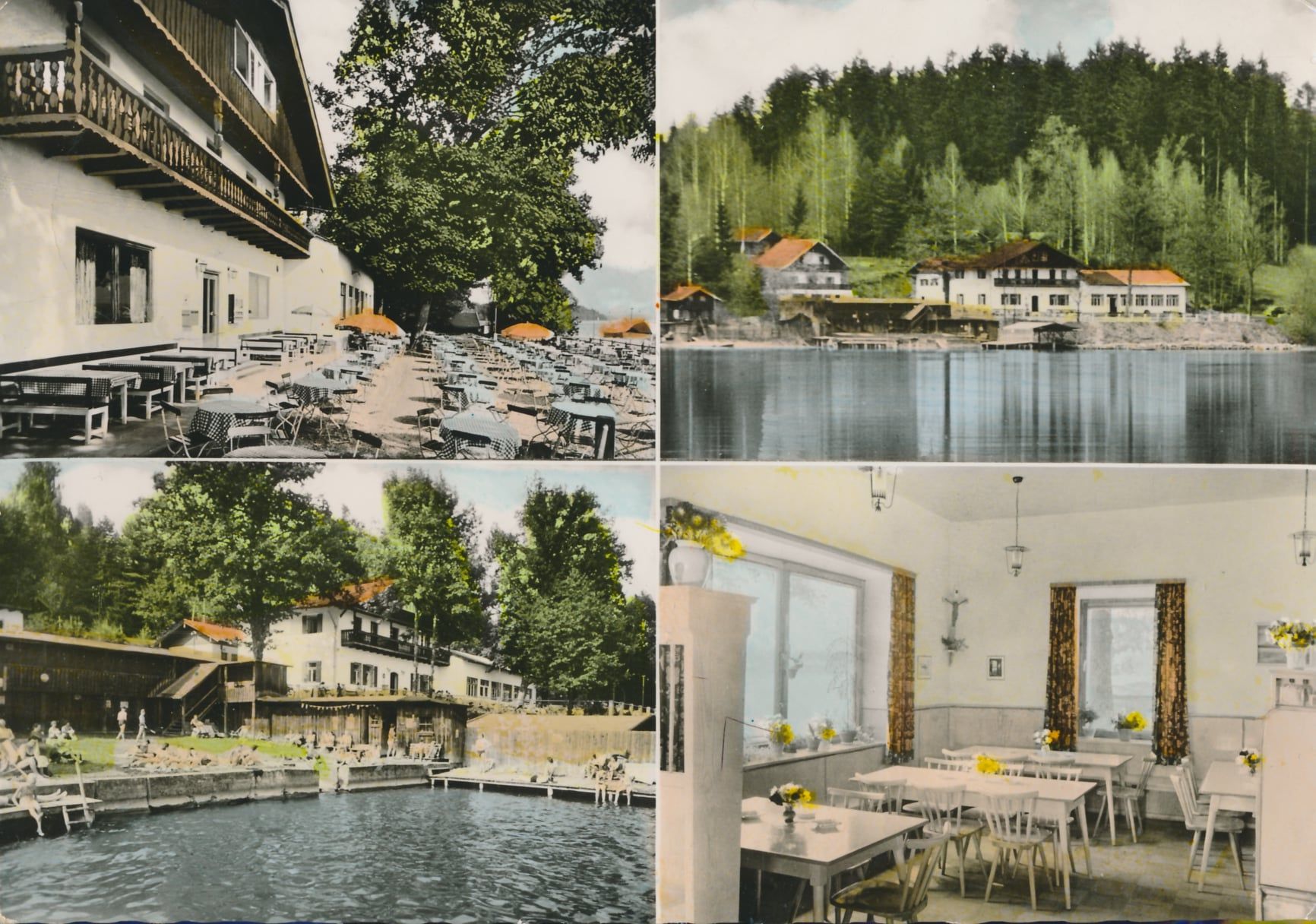 Alte Postkarte mit vier Motiven, rechts oben, links unten ein Teil des Sees mit Ufer. Links oben die Fassade des Cafè, rechts unten Block in das Innere mit Tischen und Stühlen. Es handelt sich um eine colorierte Aufnahmen