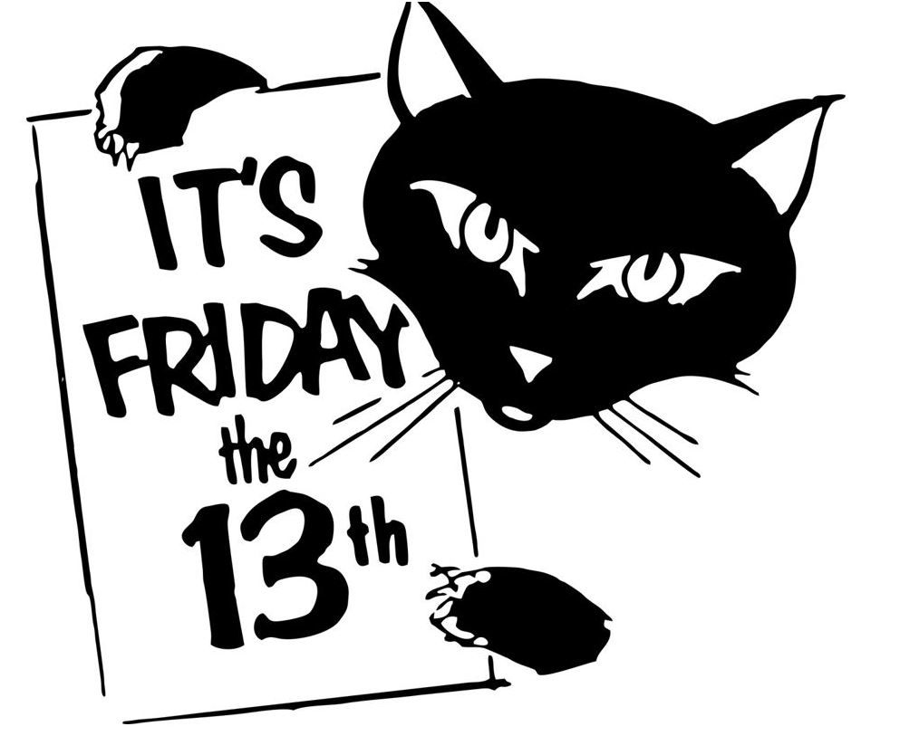 Schwarze gezeichnete Katze zeigt auf Kalenderblatt Freitag, 13.