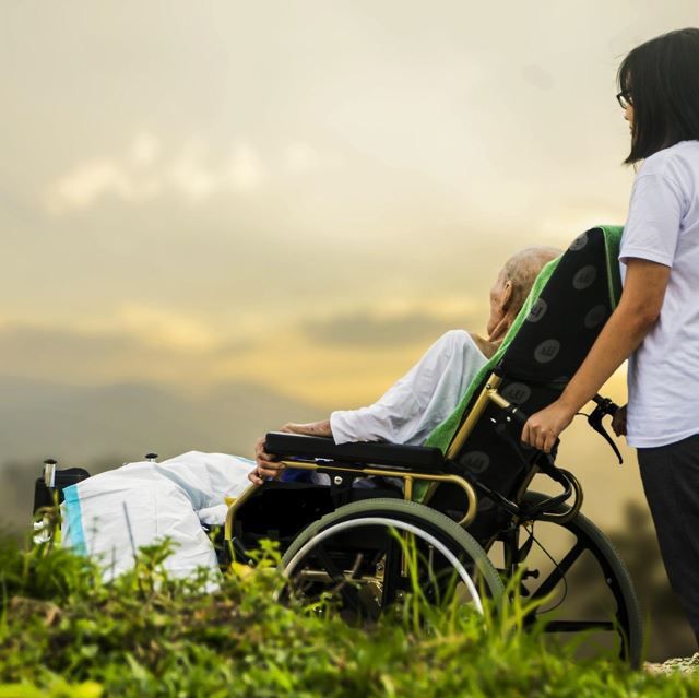 Pflegekraft schiebt Seniorin im Rollstuh durch Wiese mit Blick zum Horizont
