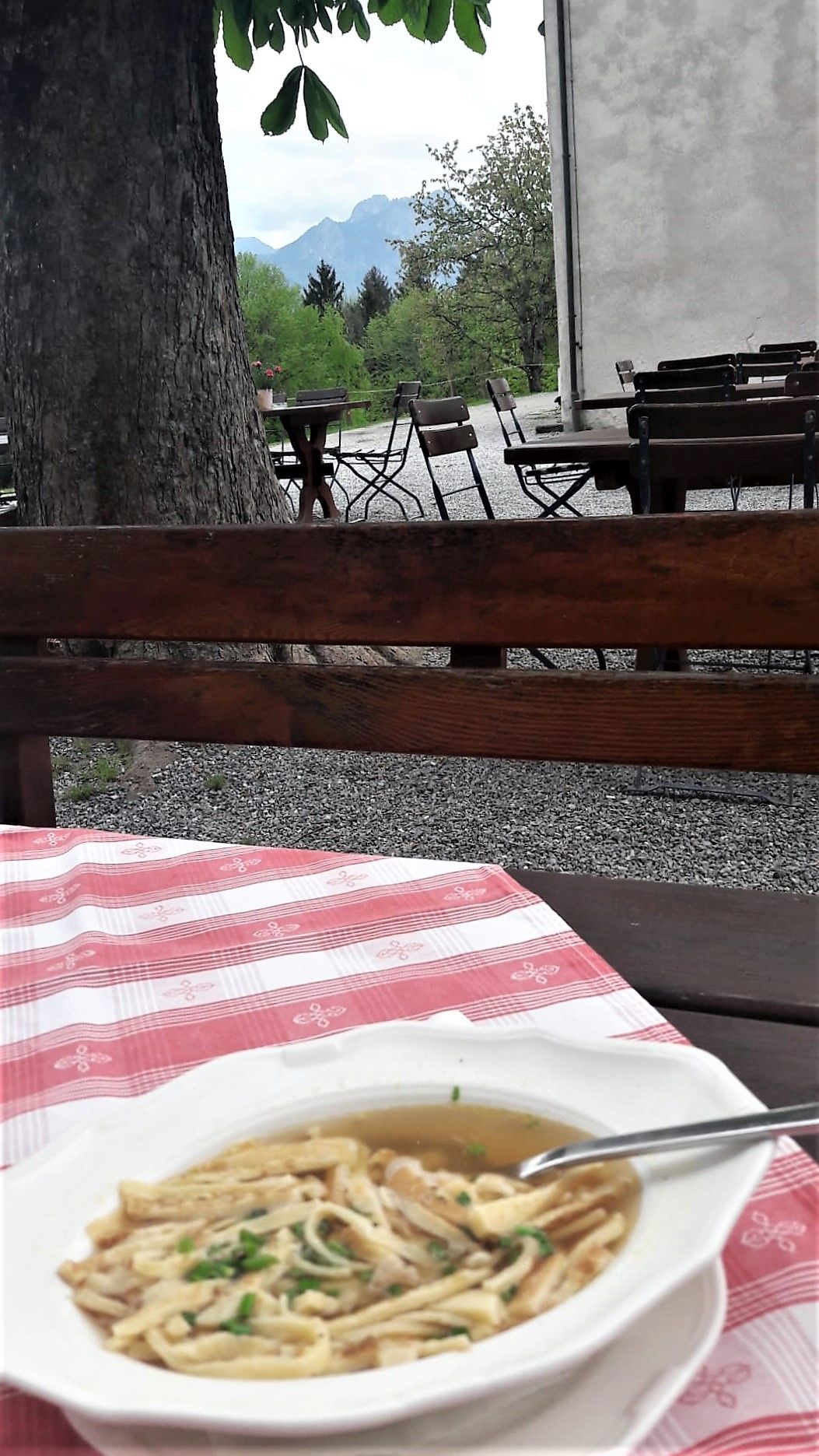 Pfannenkuchensuppe auf Tisch - dahinter Blick in die Bergwelt
