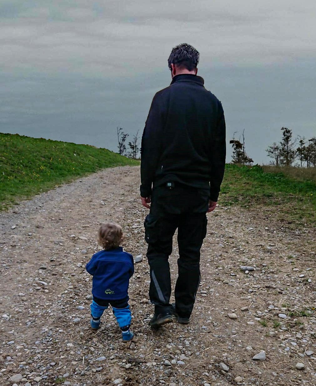 Papa geht mit kleinem Sohn auf Feldweg spazieren. Man sieht die beiden von hinten
