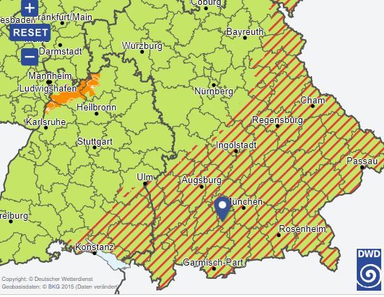 Screenshot dwd.de Unwetter-Vorabinfo für Region Rosenheim