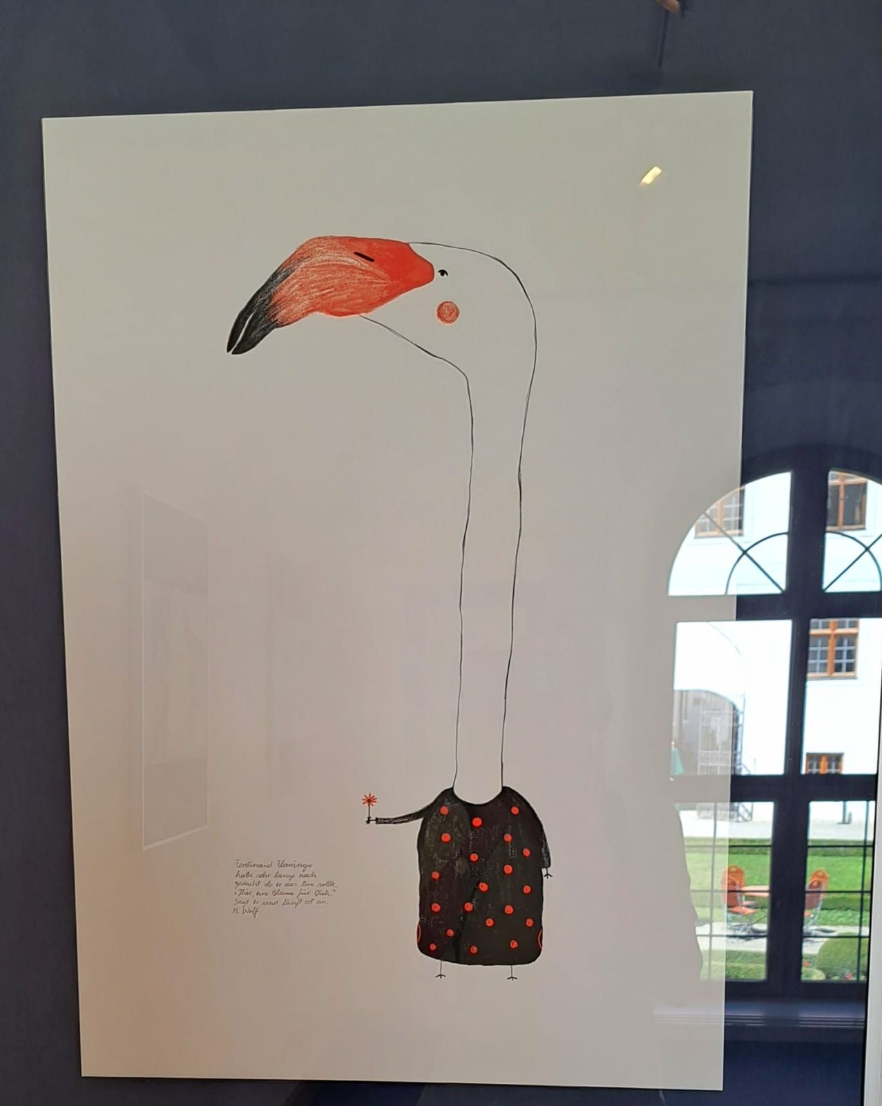 Zeichnung Flamingo mit knall-orangen Schnabel und Tupfenkleidchen