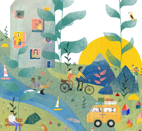 Grafik von Magdalena Wolf - eine Welt mit Hochhaus, sonne, Bergen, Fluss, Menschen und Fahrzeugen