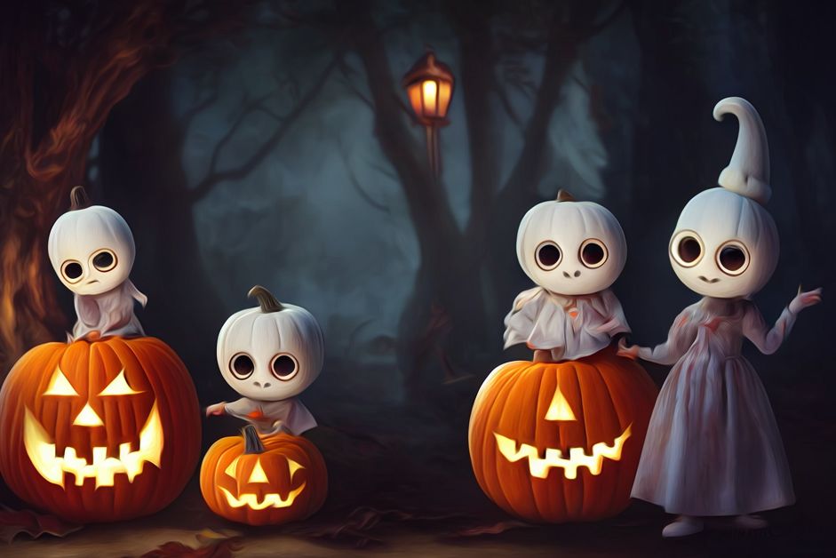 Vier niedliche, gemalte Geisterfiguren. Drei sitzen auf halloween-Kuerbissen in einem duesteren Wald
