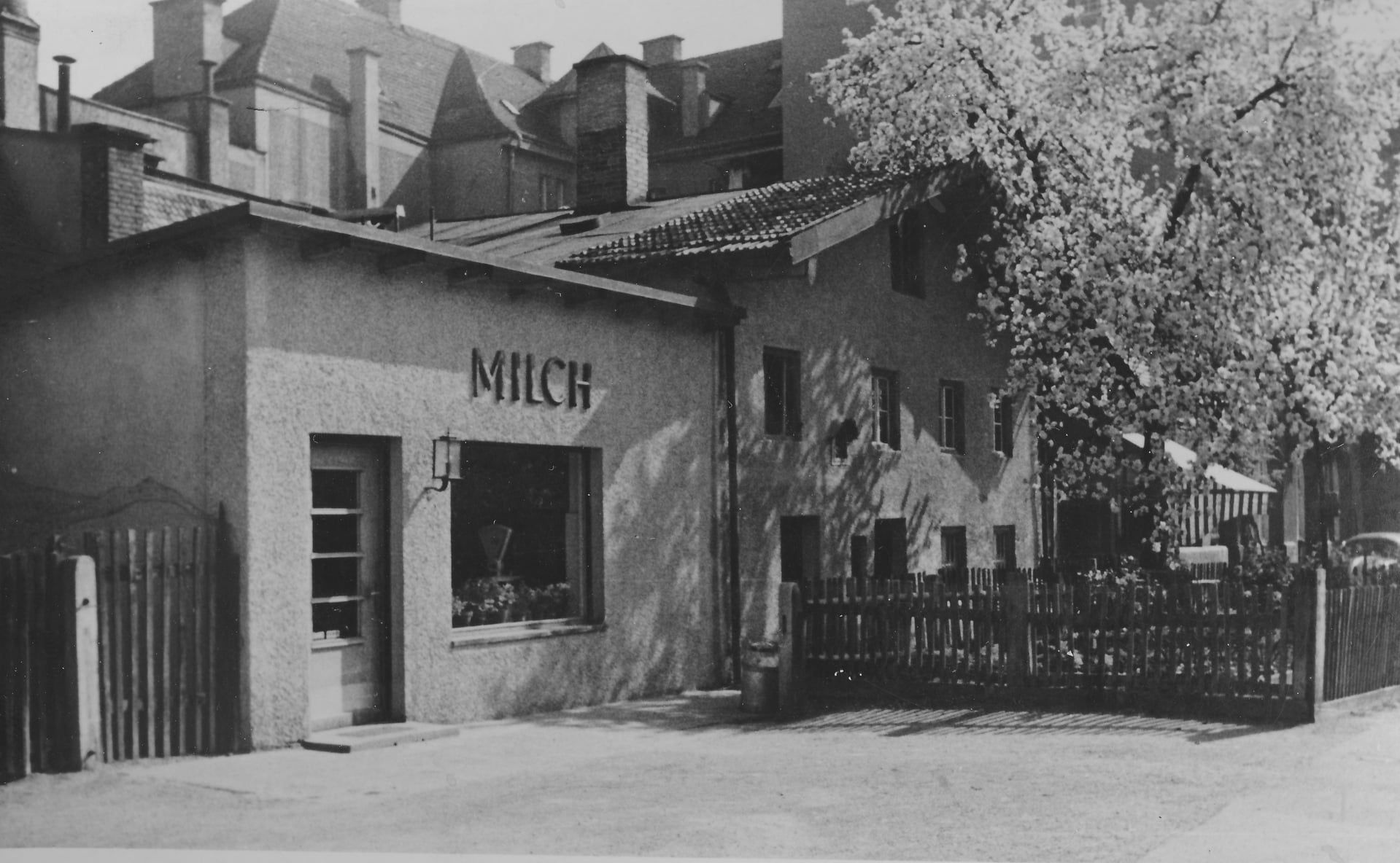 Milchladen neben Gaststätte Fischküche in Rosenheim in den 1950er Jahren