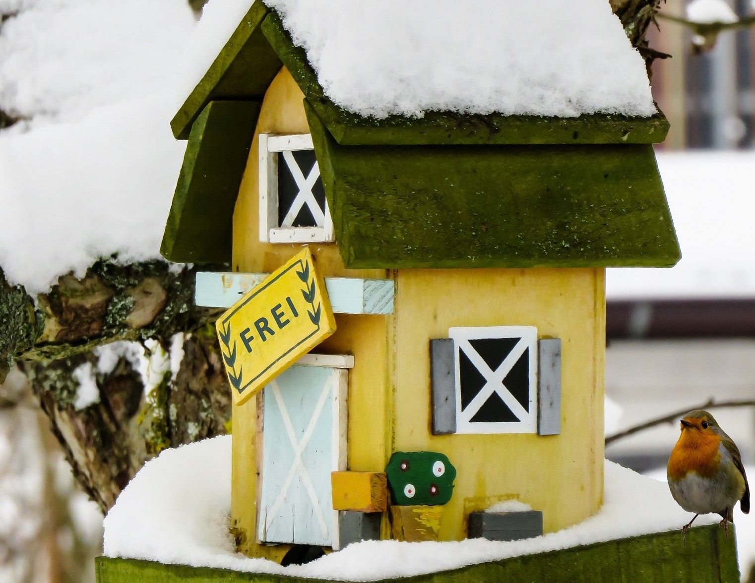 Vogelfutterhaus in Form eines niedlichen Hauses mit Schild: frei mit einem Vogel an der Seite