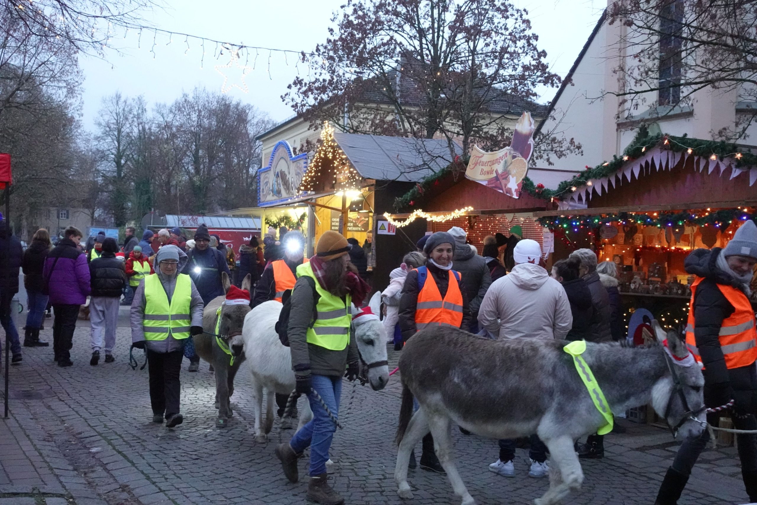 Menschen gehen mit Eseln durch Christkindlmarkt