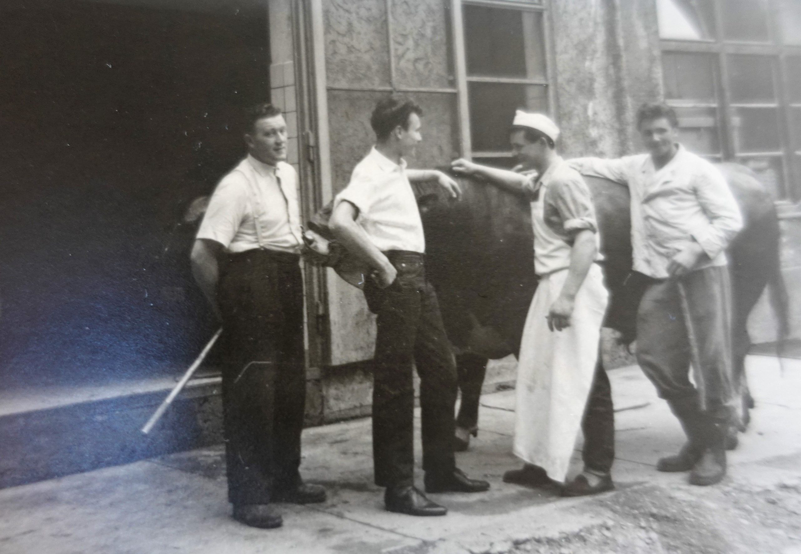 historisches Foto Josef Tschiesche links mit anderen Metzgern mit einem Ochsen vor der Metzgerei