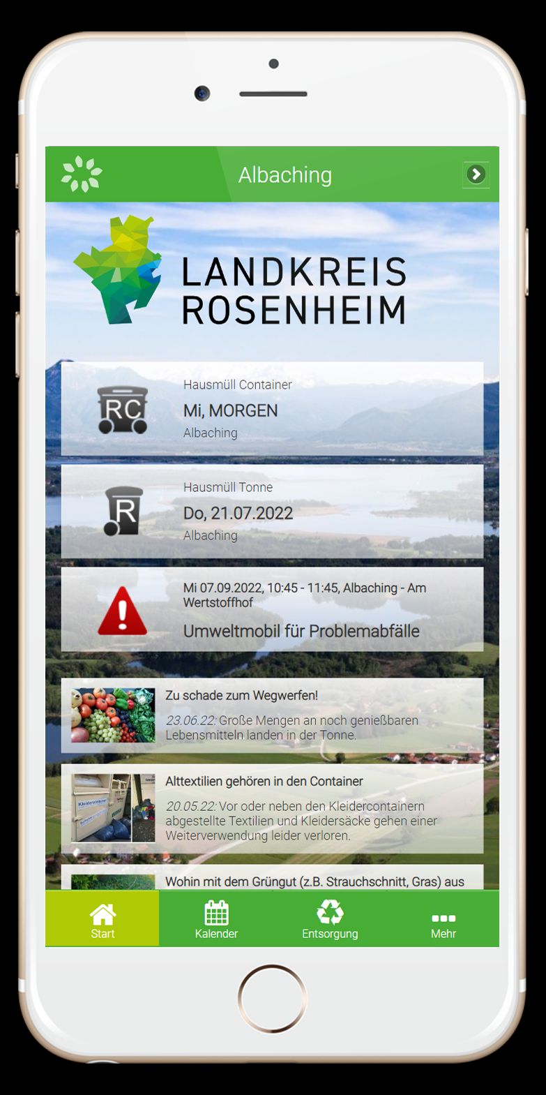 Blick auf Smartphone mit der Abfall-App des Landkreis Rosenheim.