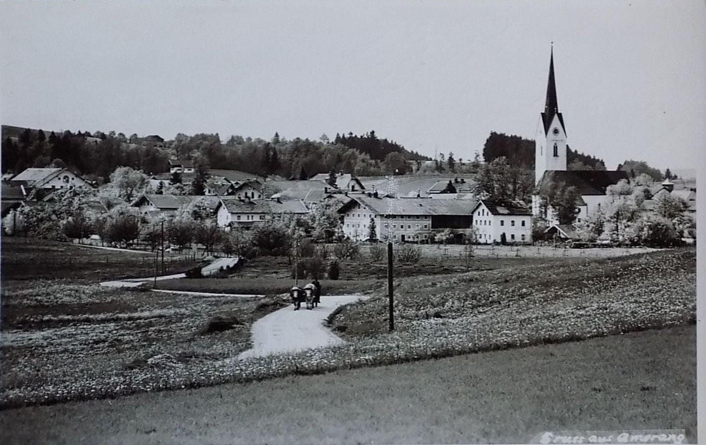 Blick auf Amerang im Frühjahr mit Kirche im Hintergrund im Jahr 1955
