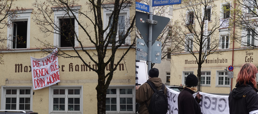 Zusammenschnitt von besetzten leerstehenden Hotel Goldener Hirsch in Rosenheim und Demonstranten gegenüber. Foto: Innpuls.me