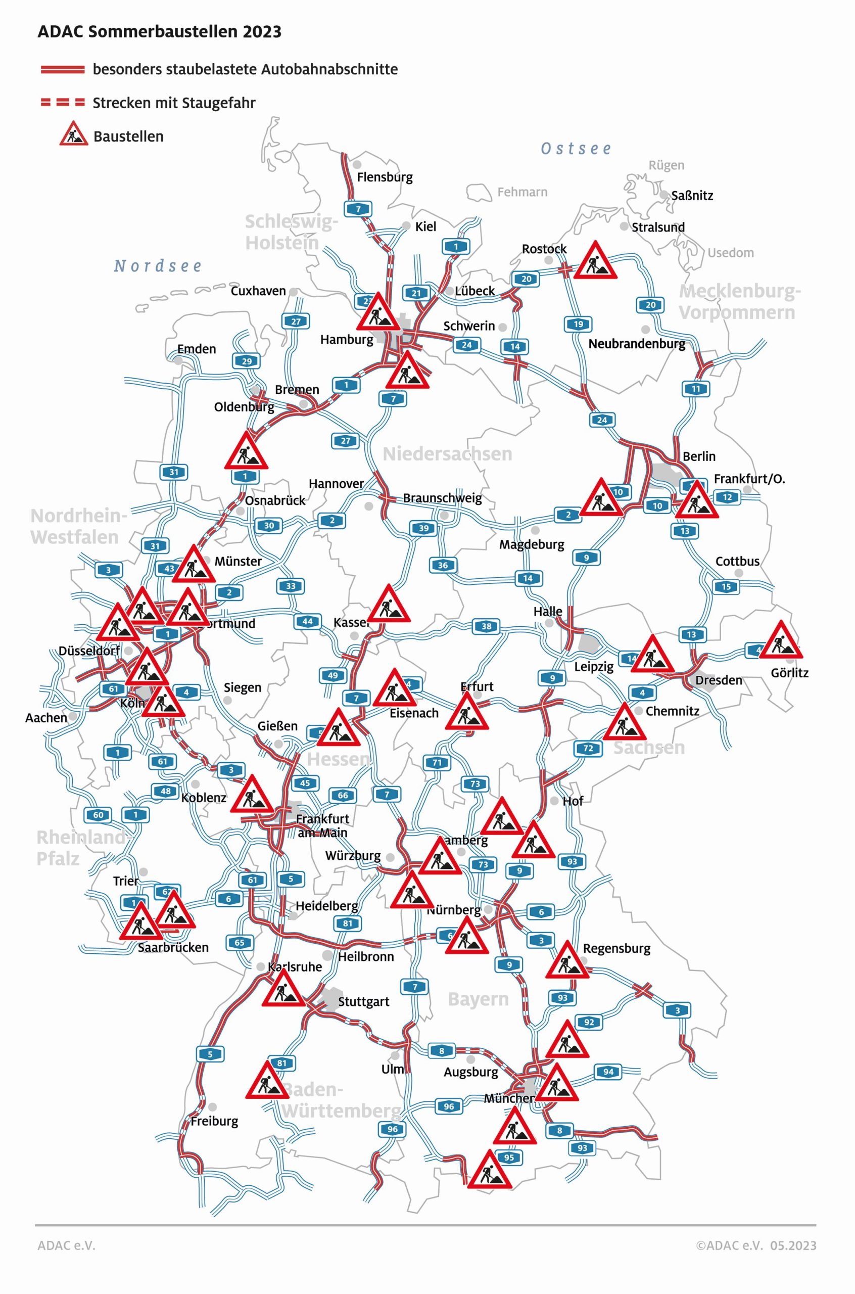 Aktuelle Baustellen auf den Fernstraßen in Deutschland. Infografik: Copyright ADAC