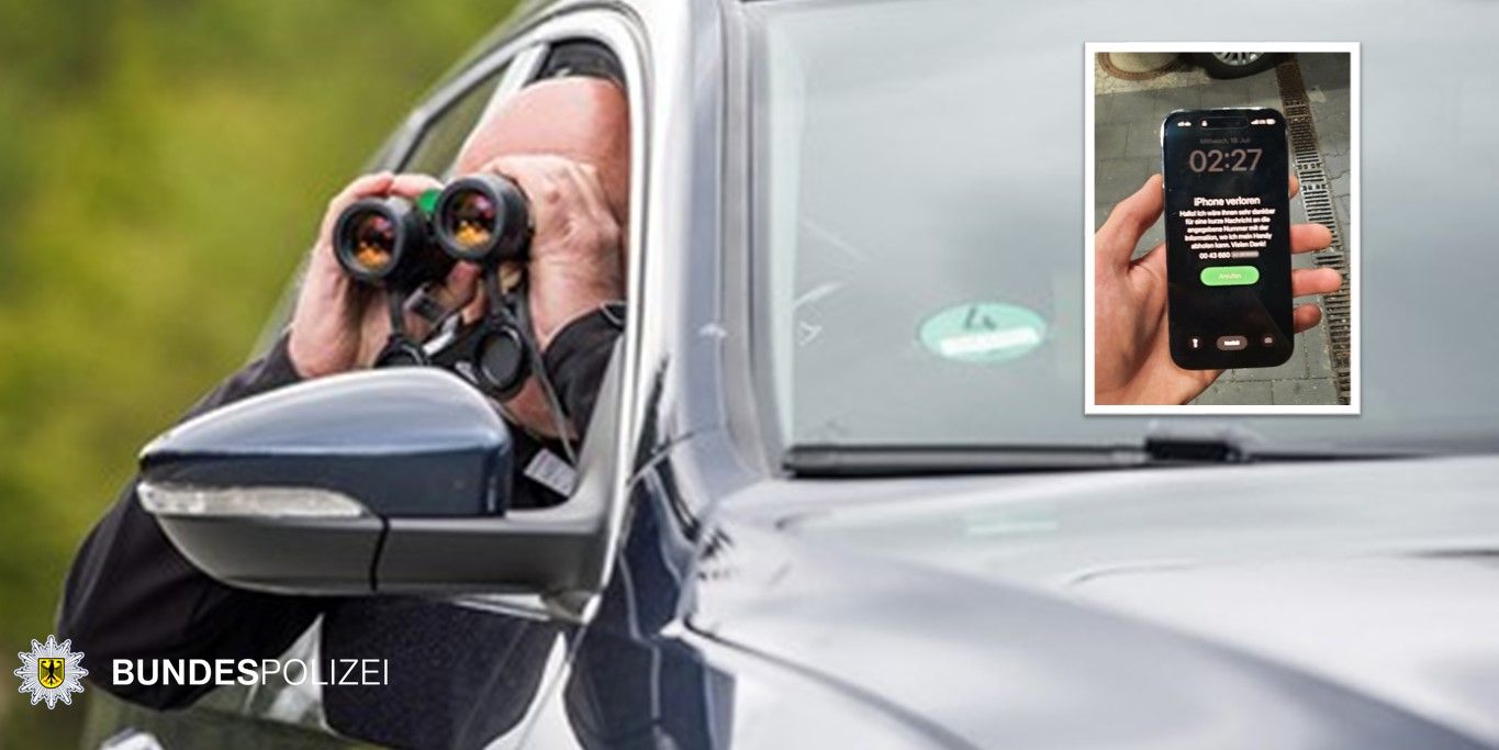 Symbolfoto: Ziviler Polizist observiert aus einem Auto heraus. Bild in Bild: Foto des sichergestellten Handys. Foto: Bundespolizei