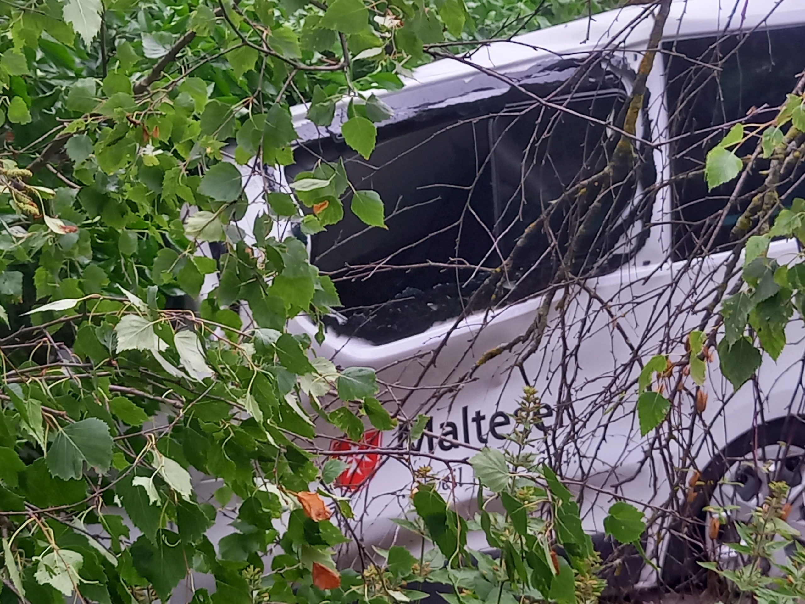Malteser-Fahrzeug unter Baum begraben. Foto: Innpuls.me
