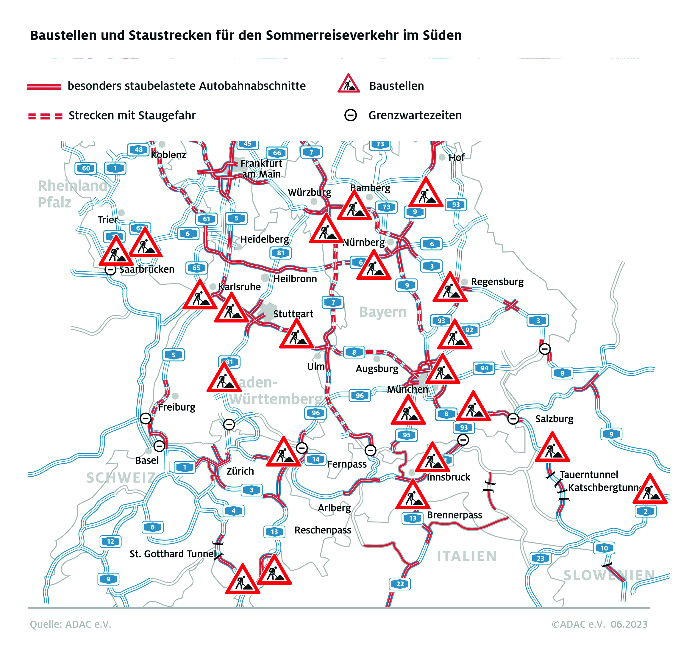 Zu Beginn der bayerischen Sommerferien rechnet der ADAC mit viel Verkehr und langen Staus: Die Reise in den Süden könnte zur Geduldsprobe werden. Foto: Copyright ADAC Infogramm