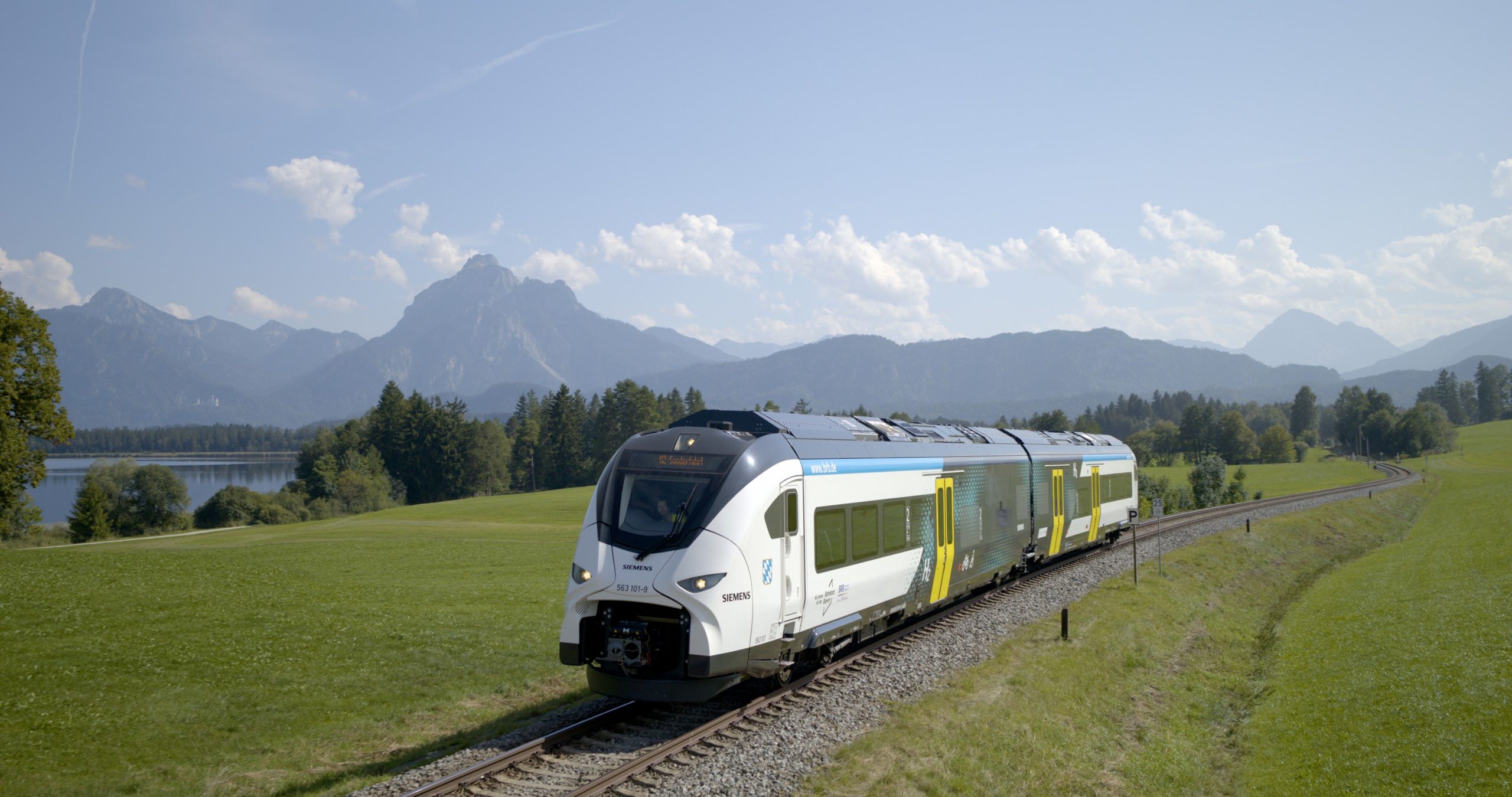 Wasserstoffzug auf Probefahrt zwischen Füssen und Buchloe. Foto: Copyright Siemens Mobility