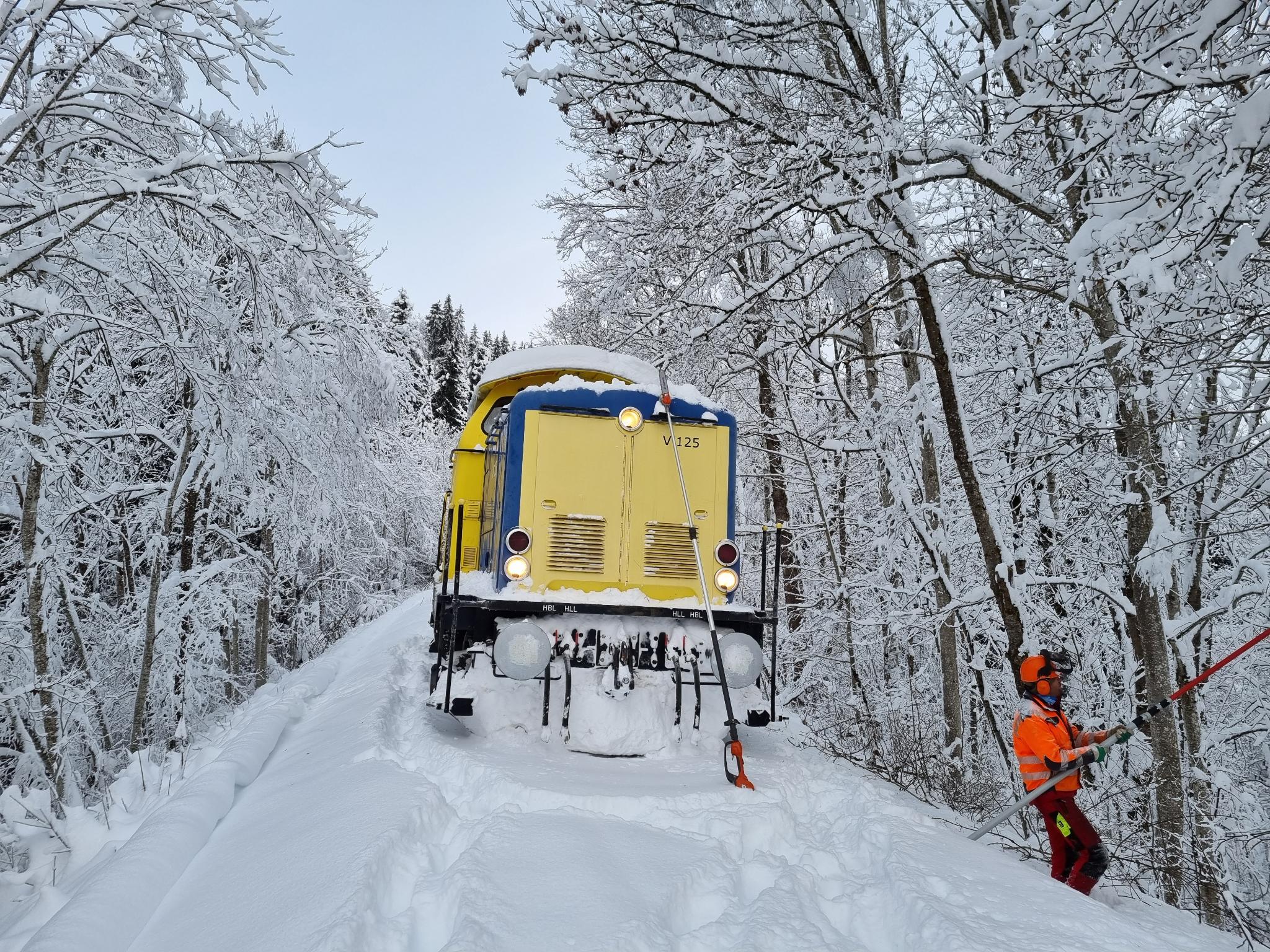 Mitarbeiter der BRB bei Arbeiten auf den verschneiten Gleisen. Foto: BRB /Niklas Brandt
