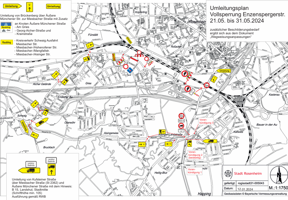 Grafik Umleitung Enzenspergerstraße in Rosenheim. Grafik: Stadt Rosenheim