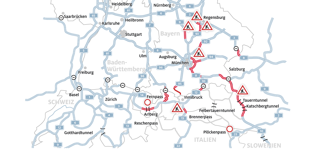 Zu Beginn der Pfingstferien müssen sich Reisende vor allem auf dem WEg nach Österreich auf zahlreiche Staus und lange Wartezeiten einstellen: Grafik: ADAC Südbayern)