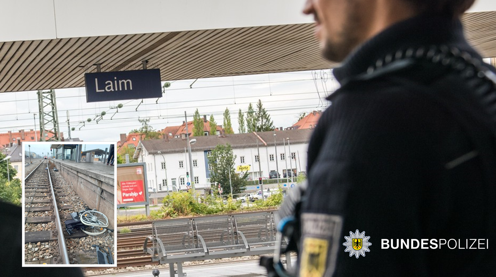 polizei Fotomontage: Rollstuhl liegt im Gleis / Bundespolizist schaut auf Bahngleis. Foto: Bundespolizei