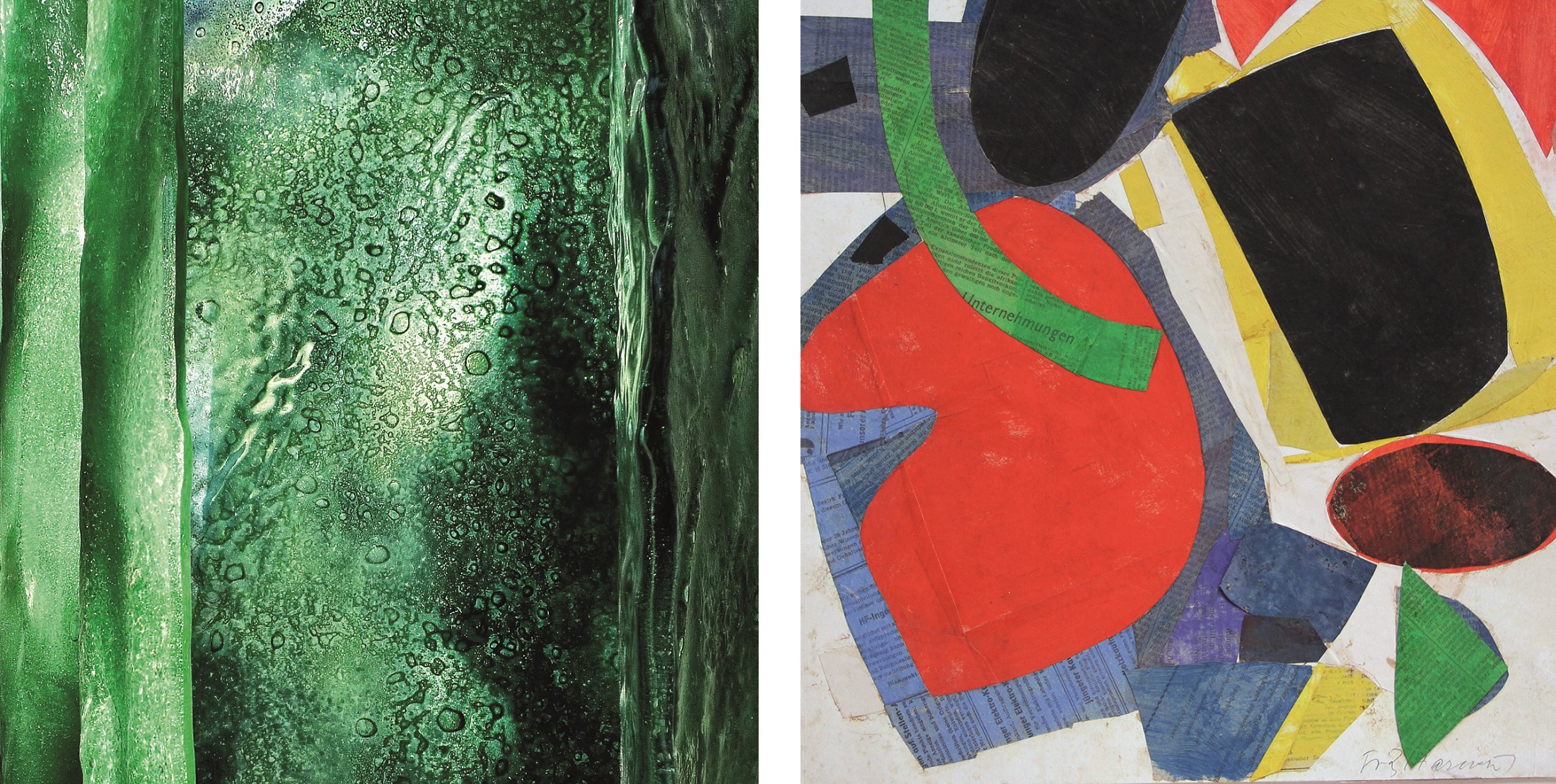 2025-03-01 Pressebild Ausselltung Lechner-Harnest c-Florian Lechner, Fritz Harnest,VG Bild Florian Lechner, Grüner Raum, 1977, Grünes Glas, formgeschmolzen. Fritz Harnest, Moments Musicaux (im Raum sich ordnend), 1952, Collage auf Karton. Bildrechte: Copyright Florian Lechner und Fritz Harnest, VG Bild