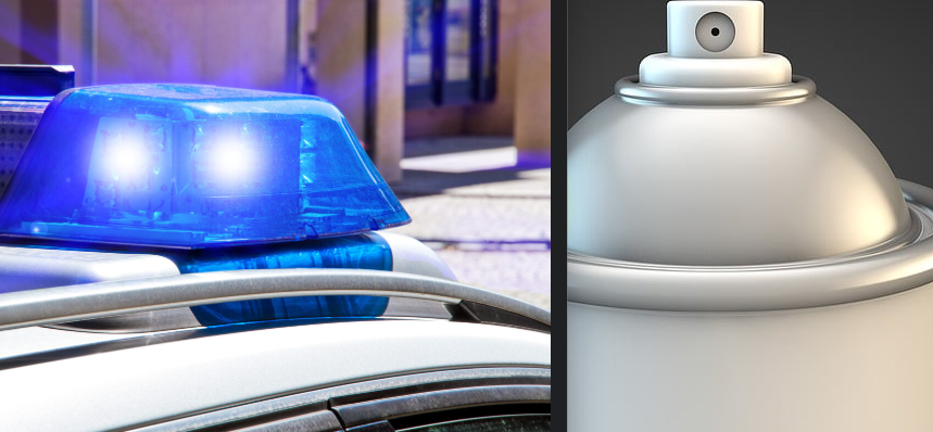 Polizeiiensazt Fotomontage: links Blaulicht, rechts Spraydose