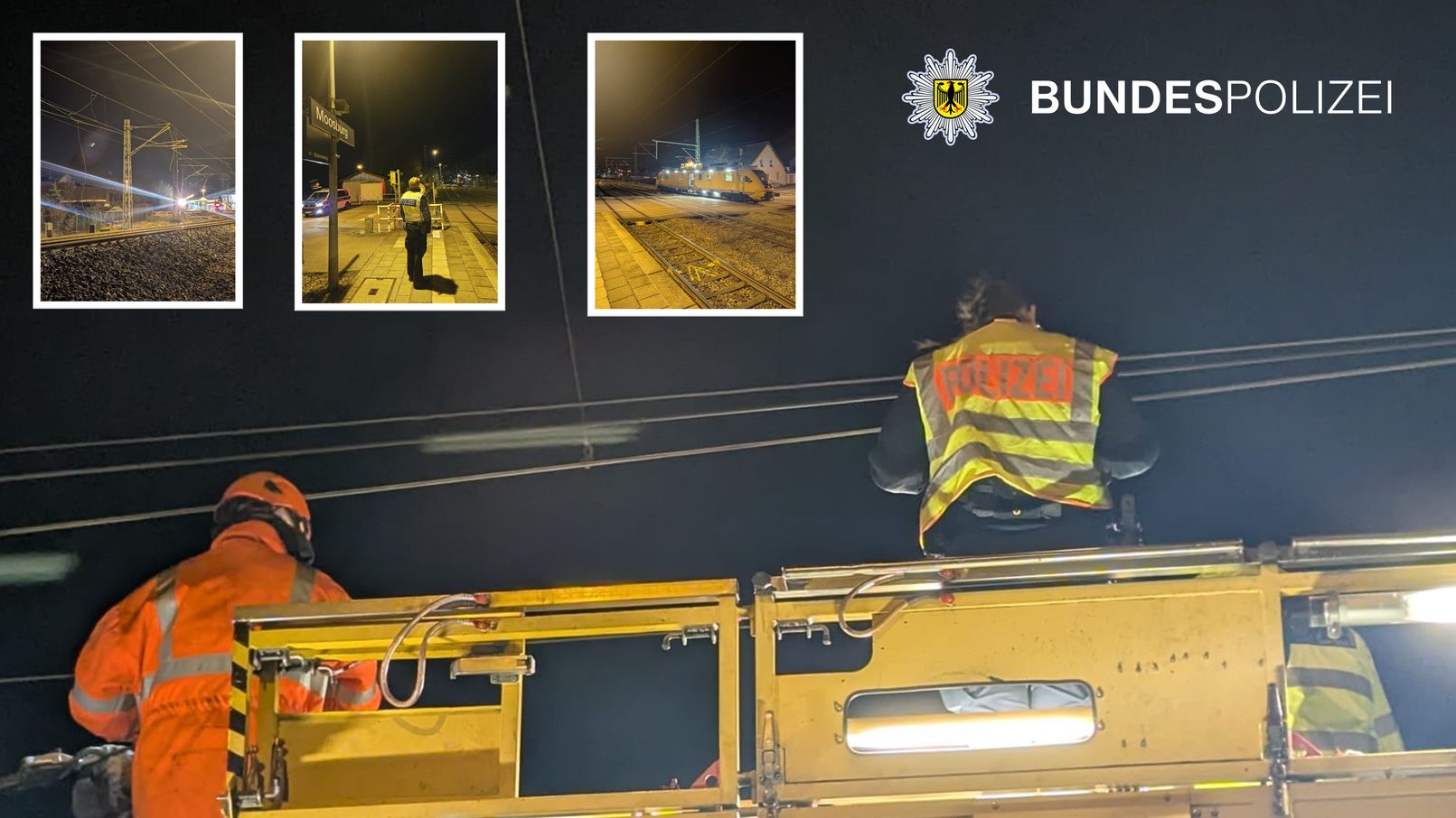 250318_Moosburg_Ovberleitung Auf der Bahnstrecke München-Landshut kam es im Bahnhof Moosburg zum Abriss eines Tragseils der Bahnoberleitung. Nach ersten Erkenntnissen dürfte eine Materialermüdung verantwortlich gewesen sein. Foto: Bundespolizei