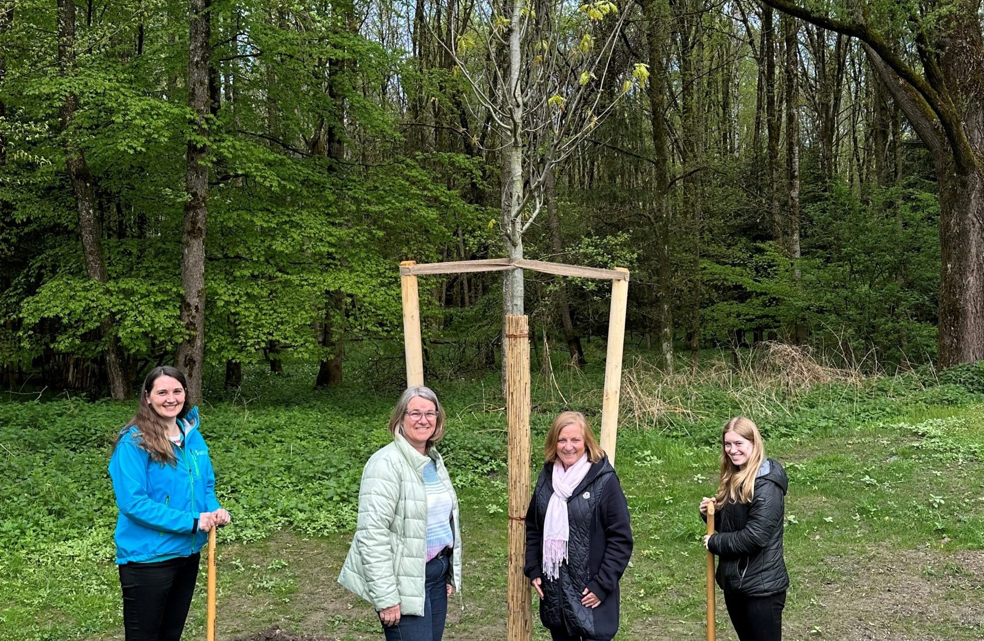 Baumpflanzung Tag des Baumes Copyright Stadt Rosenheim, von Links.: Barbara Heerdt Umweltamt Rosenheim, Verena Gaida Waisenhausstiftung, Wilhelmine Hansen Kinderheimleitung, Leonie Eisenmann Auszubildende Stadt Rosenheim