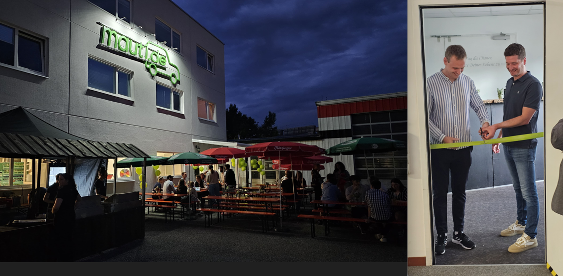 maut Eröffnung von Maut 1, Bild zeigt von links: Julian Schmelzer und Simon Baumgartner beim der Eröffnung des neuen Standorts mit Verteilerzentrum. Fotomontage: Copyright maut1.de