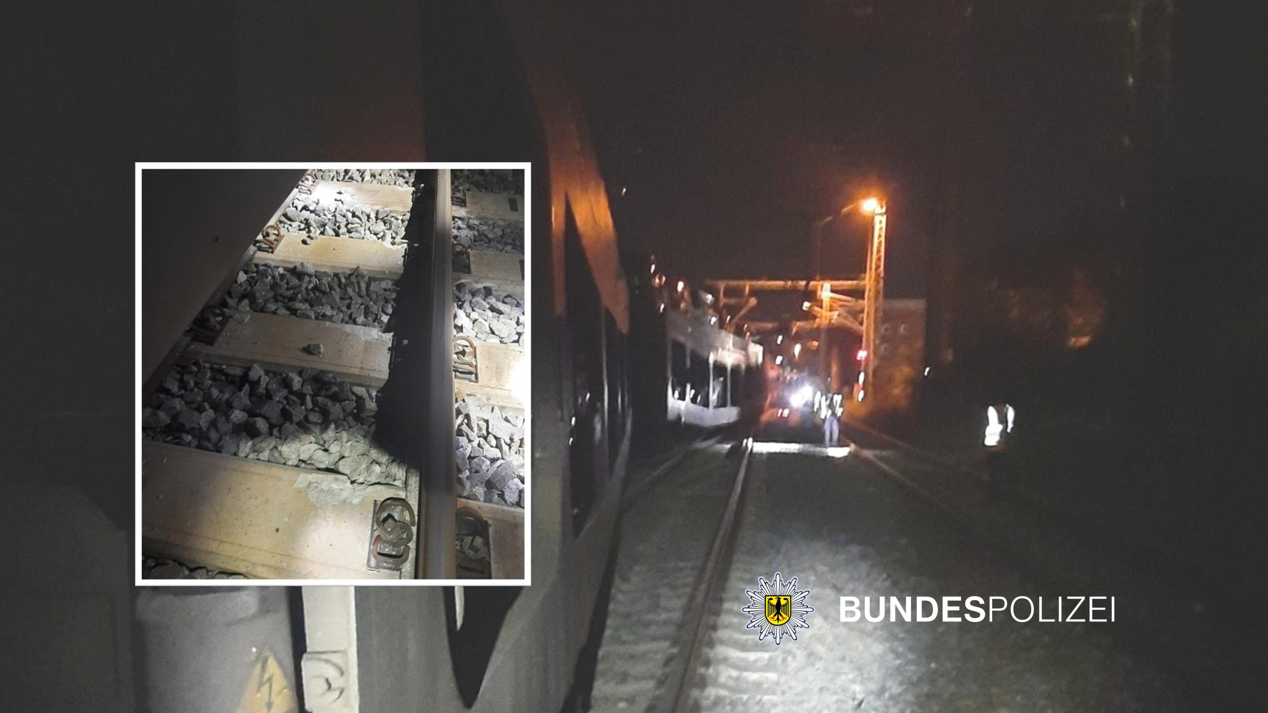 250819_Engleisung Nachtaufnahme - Blick auf entgleisten Zug, Detailaufnahme. Foto: Bundespolizei