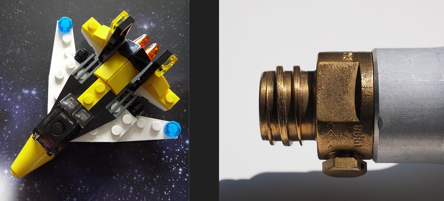 Gasflasche-Rakete linkes Bild: Lego-Rakete, rechtes Bild Gasflaschenkopf. Fotomontage: re