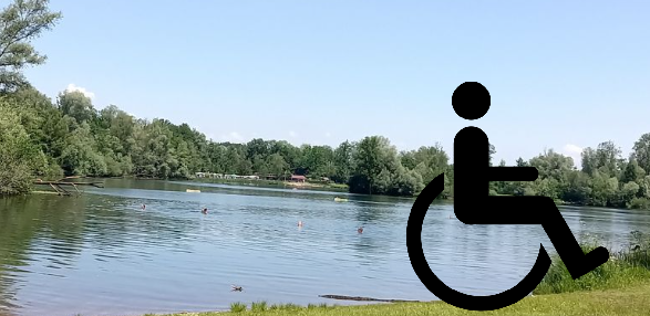 Inklusion See Symbolfoto Inklusion am See. Zu sehen Rosenheimer Floriansee, eingeblockt Icon Rollstuhlfahrer