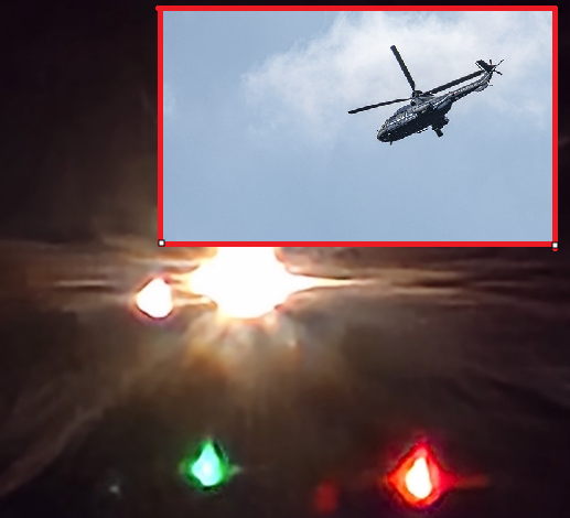 Pol haupt Fotomontage: Bild von den Scheinwerfern des Hubschraubers beim nächtlichen Einsatz. Eingeblockt Foto mit Hubschrauber in der Luft. Foto: re