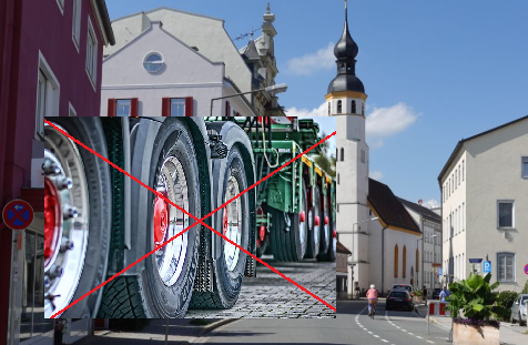 Ro haupt Fotomontage - Foto mit großen LKw-Reifen durchgestrichen auf Hintergrund Innstraße Rosenheim: Foto: re