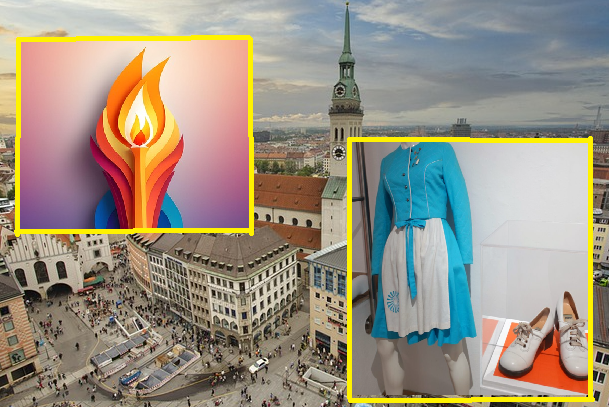 Olympia haupt Symbolbild Olympia in München. Hintergrund München. Ai-generiert Olympische Flame, Archivfoto von Olympia-Dress aus dem Jahr 1972. Fotomontage Innpuls.me
