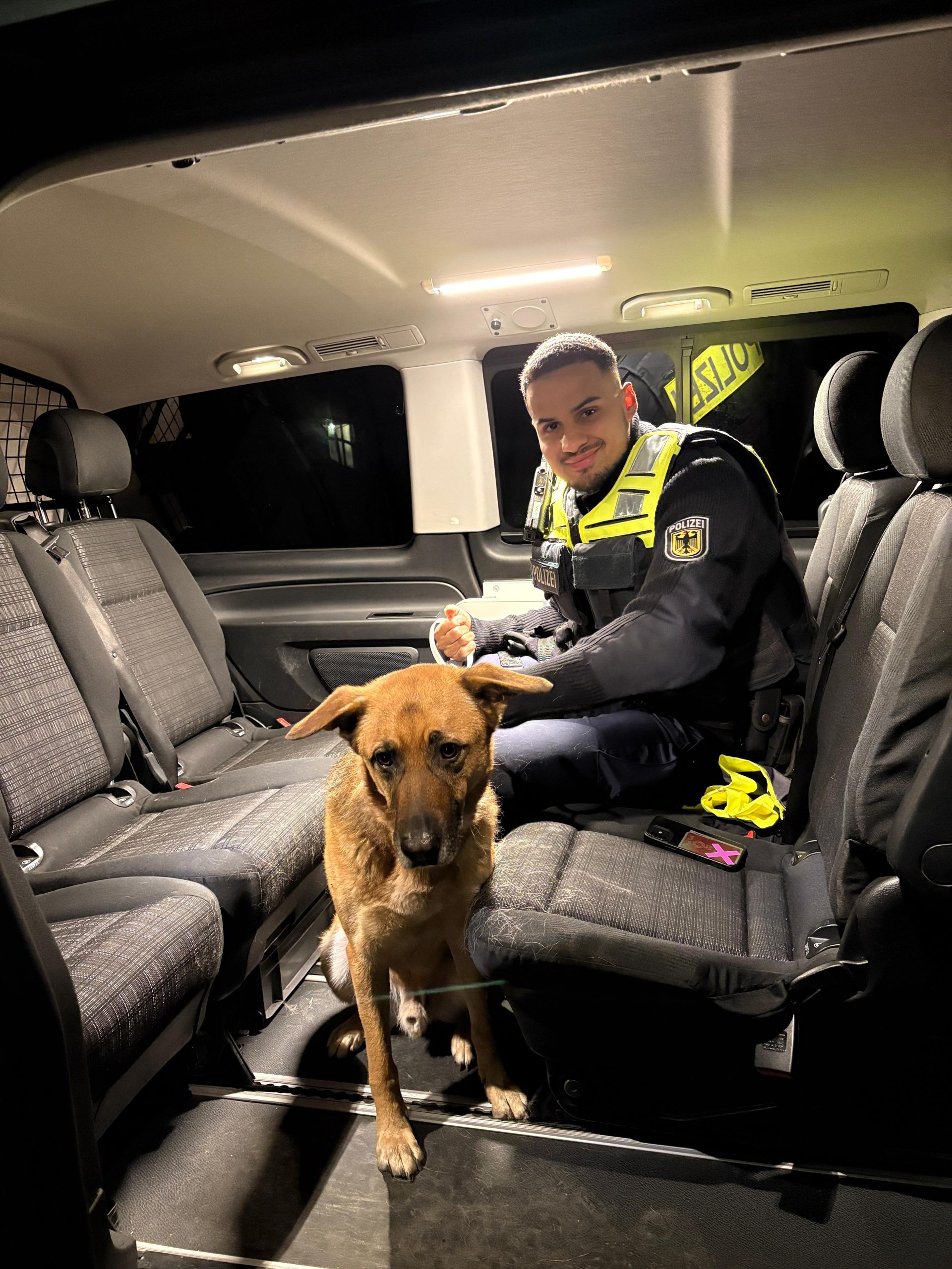 Fundhund Die Bundespolizei hat am Freitagmorgen (12.12.2025) einen verängstigten Hund aus dem Gelisbereich in Heimstetten gesichert. Foto: Bundespolizei