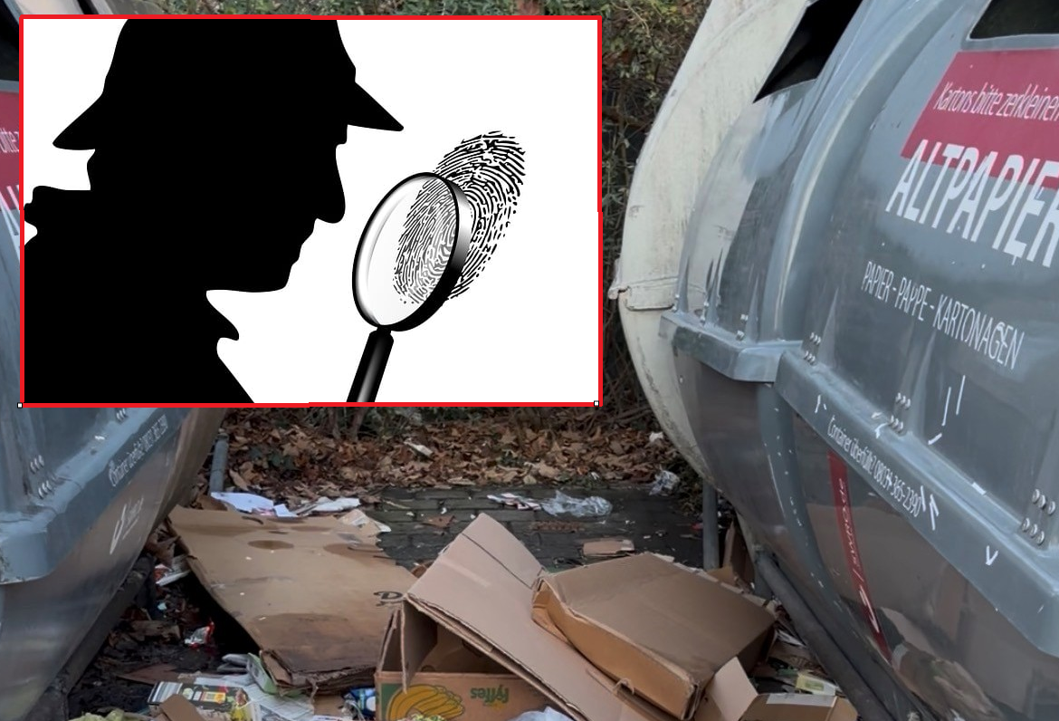 Müll x Illegale Müllablagerung. Foto: Copyright Stadt Rosenheim, eingeblockt Zeichnung von Detektiv mit Lupe. re