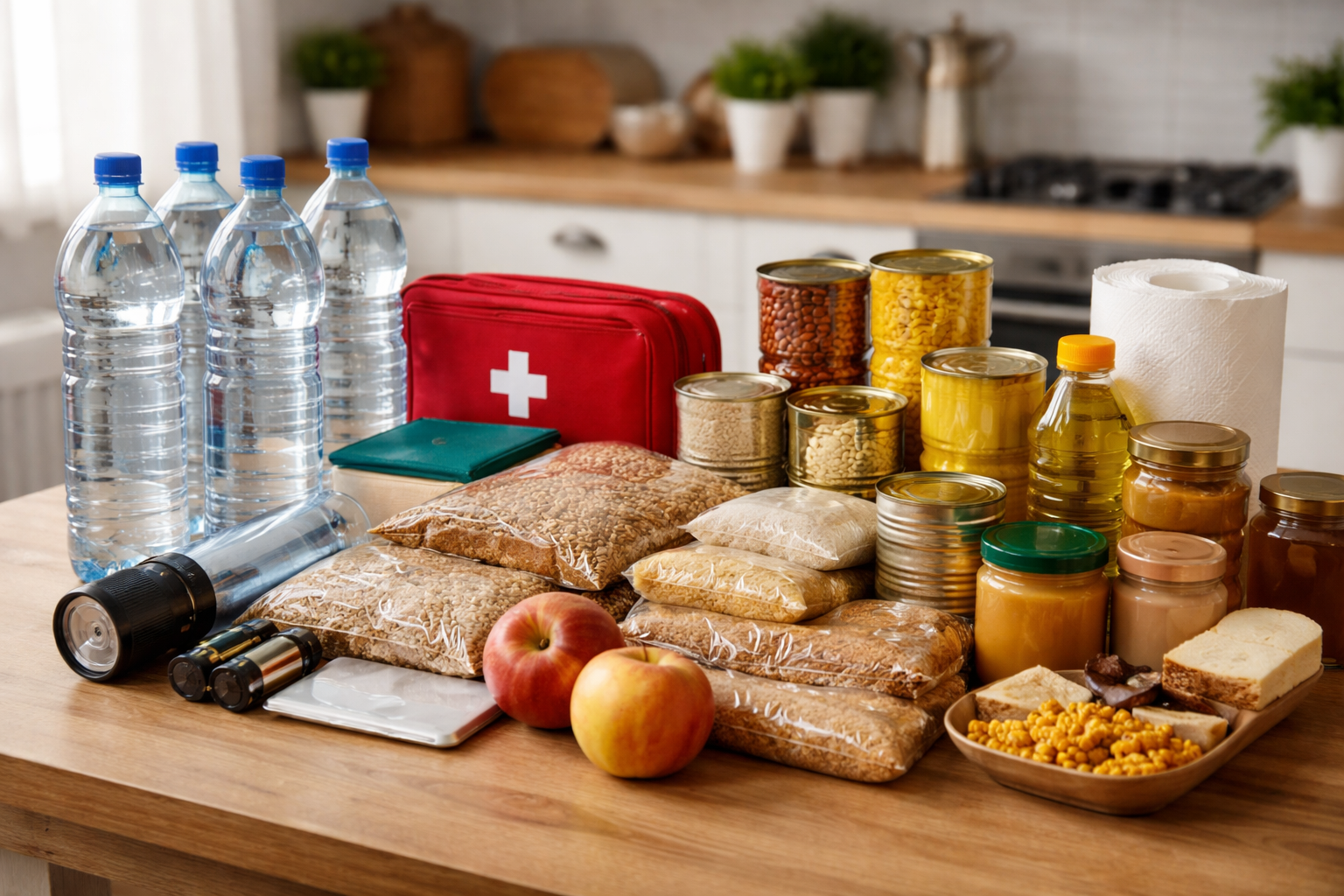 ChatGPT Image 24. Jan. 2026, 09_44_32 Vorräte für de Notfall auf einen Küchentisch. Foto: ai