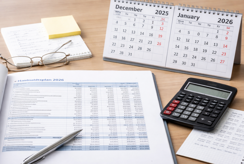 Haushalt Kalender, Taschenrechner, Stift und Finanzplan auf einem Tisch. Foto: ai