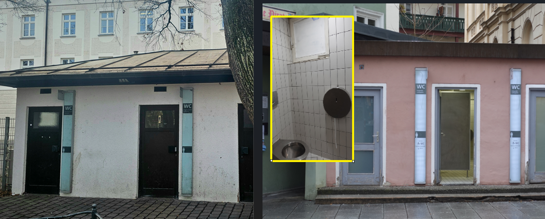 Toiletten Rosenheim links- Toilettenanlage am Salingarten und rechts Toilettenanlage in der Königstraße. Fotos: Josefa Staudhamemr