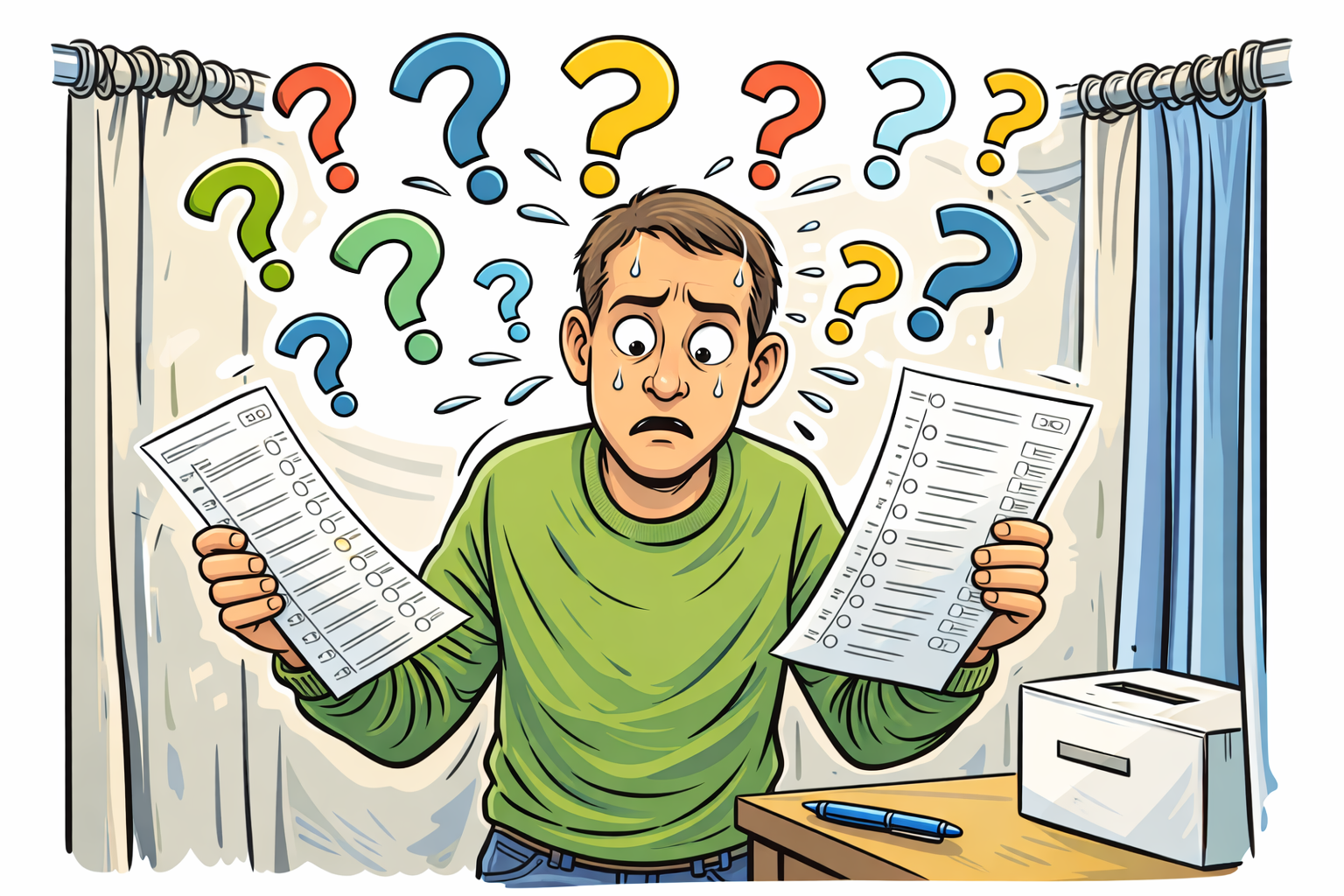 Bildvorschlag für Folge 05 – KI generiert Zeichnung: Mann mit grünem Pulli hat zwei Wahlzettel in den Händen und ist von vielen Fragezeichen umgeben. Bild: ai generiert