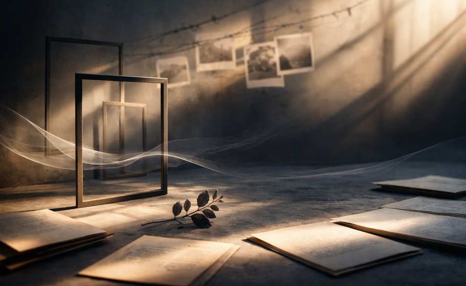 Erinnerungskultur Symbolfoto ai generiert zeigt Dokumente auf dem Boden, Bilder an den Wänden