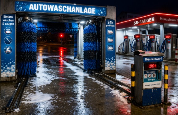 Autowaschanlage Blick auf Autowaschanlage mit Münzautomaten. Foto: ai generiert