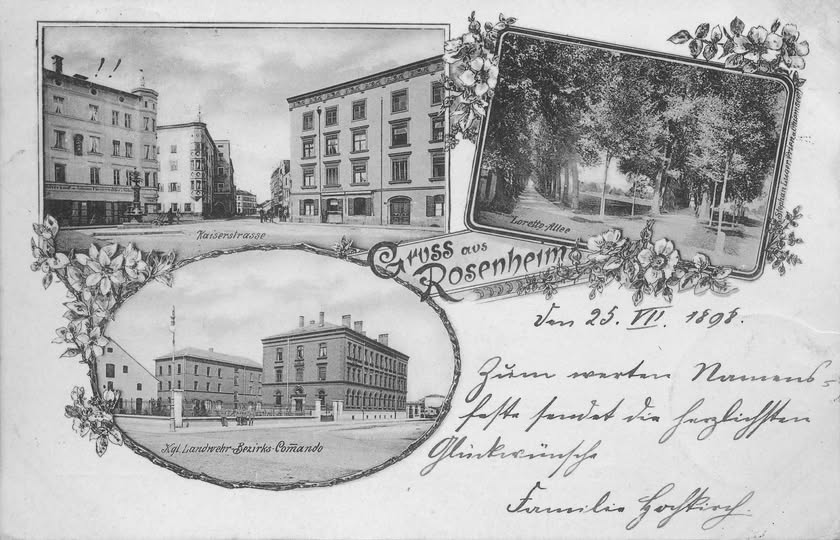638693852_26030167786602854_7995095629685640540_n Collagen-Karte aus dem Jahr 1898 mit Motiven der Stadt Rosenheim. Foto: Archiv Herbert Borrmann