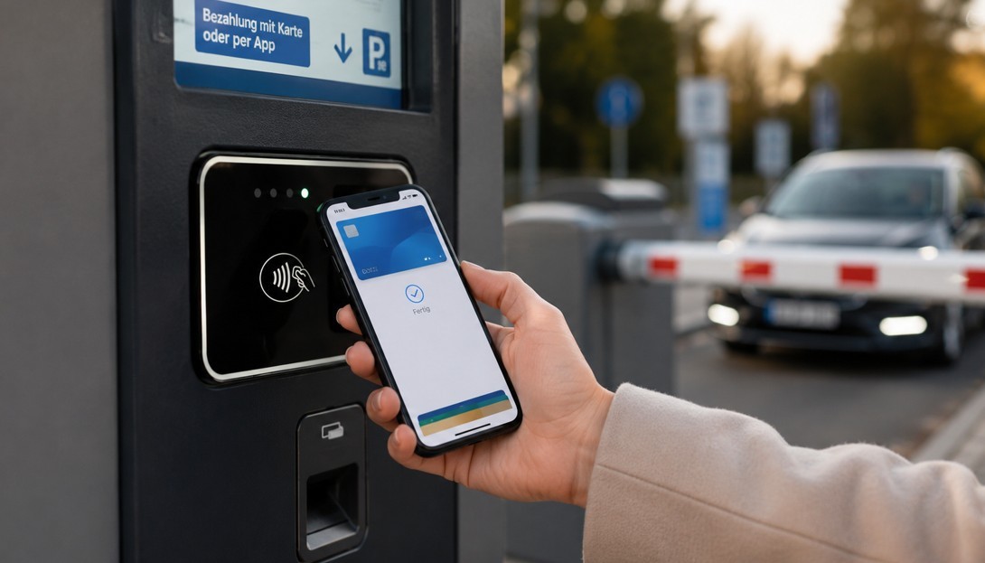 Parken Bargeldlose Bezahlung mittels Handy an einem Parkplatz. Foto: Symbolfoto ai generiert