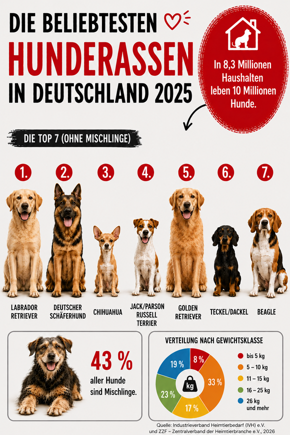 Grafik mit den beliebtesten Hunderassen. Foto: erstellt mit KI-Unterstützung - IVH