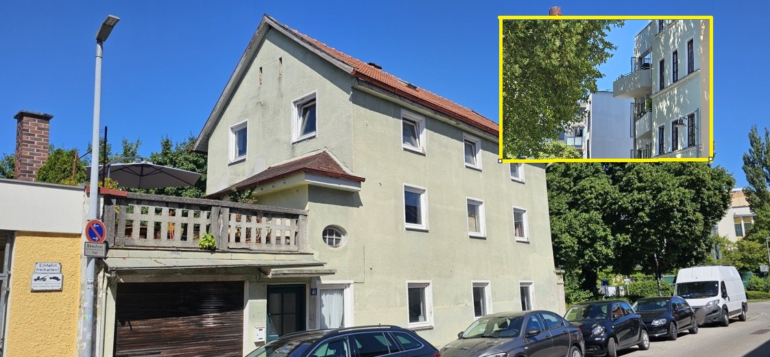 Färbersttraße haupt Dieses Gebäude in der Färberstraße soll abgerissen und durch ein Mehrfamilienwohnaus ersetzt werden. Diskussion lösten die geplanten Balkone aus. Fotomontage: Josefa Staudhammer