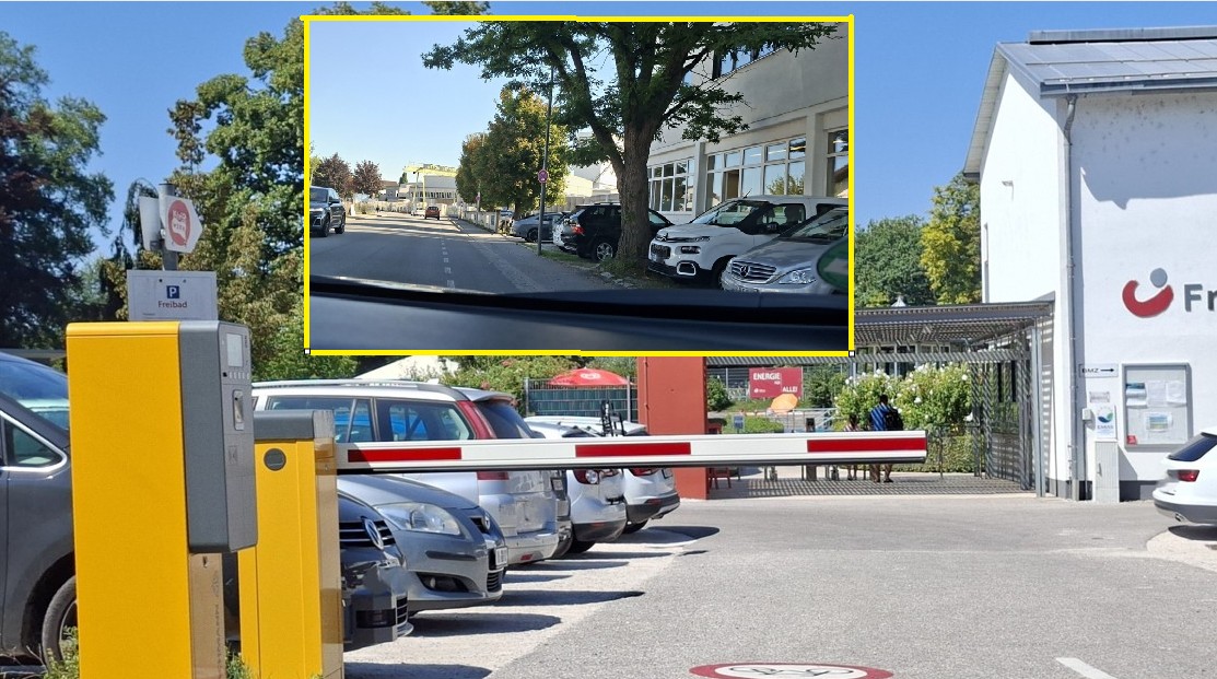 Freibad Parkplätze haupt Freibad Parkplatz eingeblockt Bild von Halteverbot auf der gegenüberliegenden Straße. Fotomontage Innpuls.me